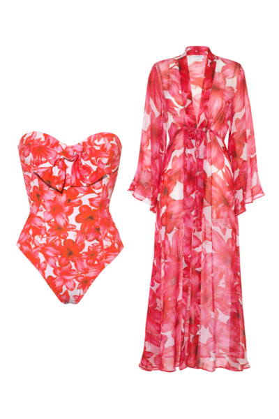 Beach Flower Print Swimsuit and Kimono