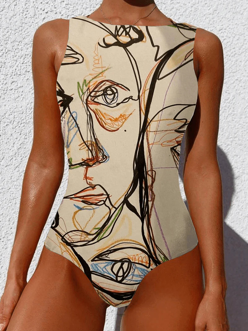 Graffiti Abstract Print round Neck One PieceSleevless Slimming Swimsuit for Women