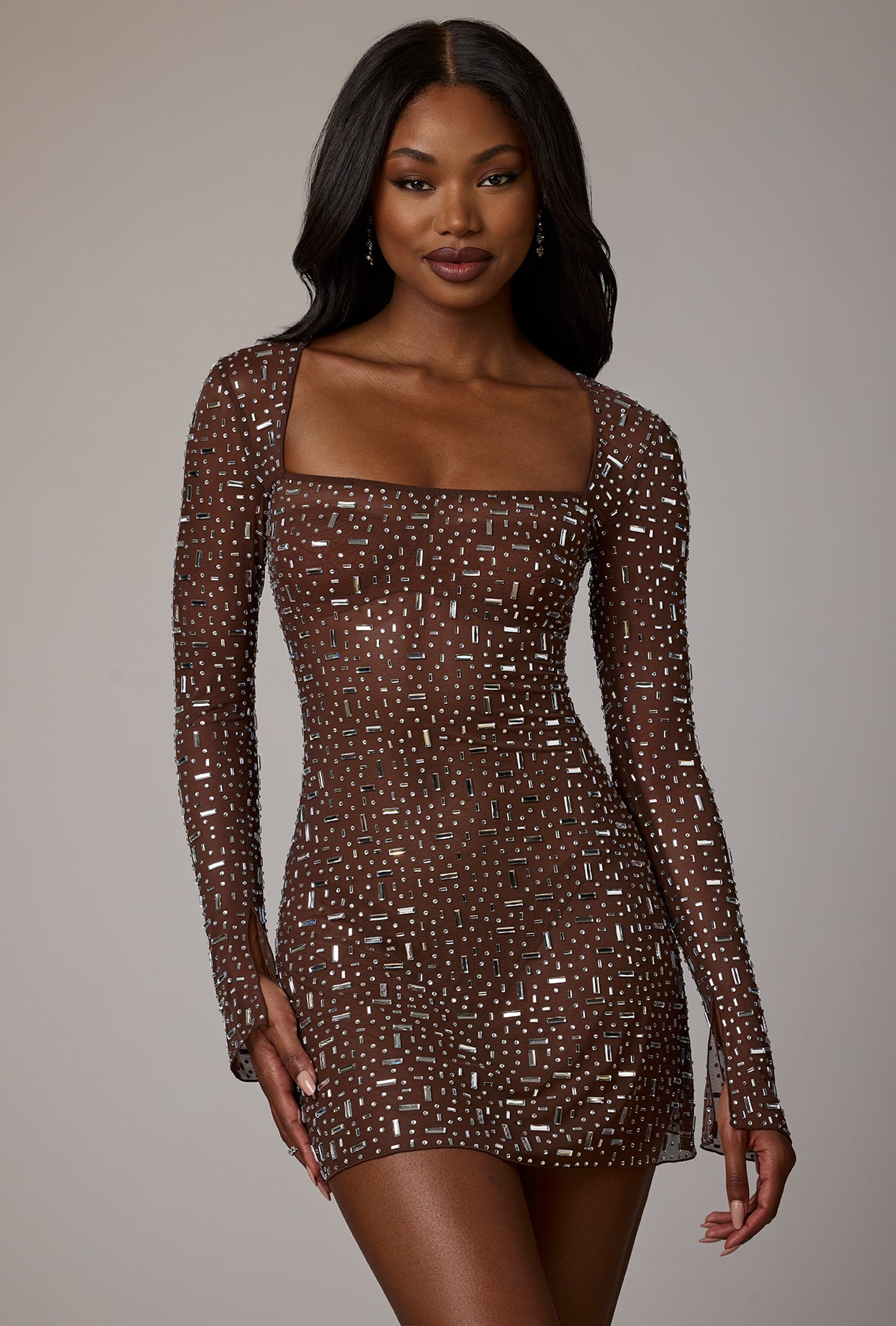 Sparking Long Sleeves Square Neck Mini Party Dress