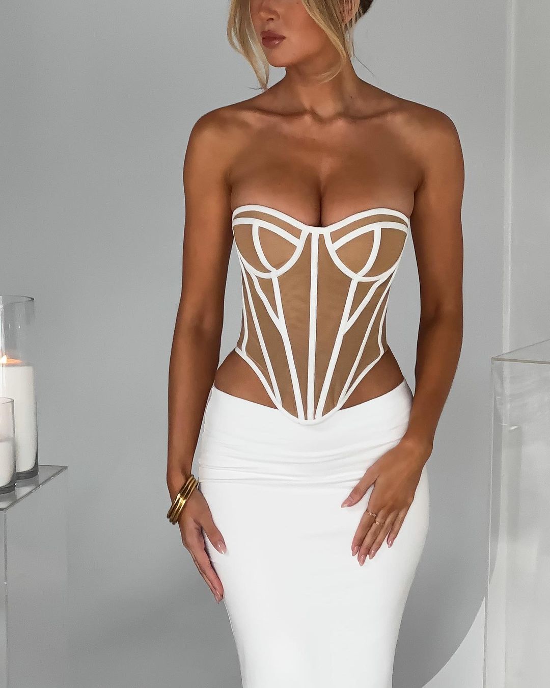 Slim Mesh Croset Off Shoulder Top