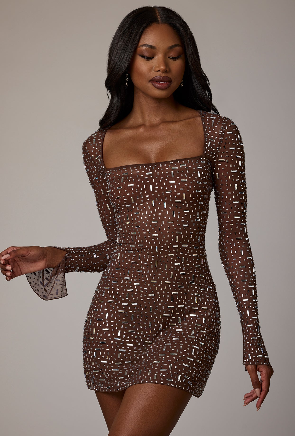 Sparking Long Sleeves Square Neck Mini Party Dress