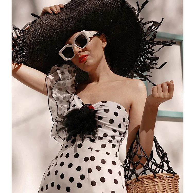 Polka Dots Ruffle Sleeves One Piece and Skirt Swimwear