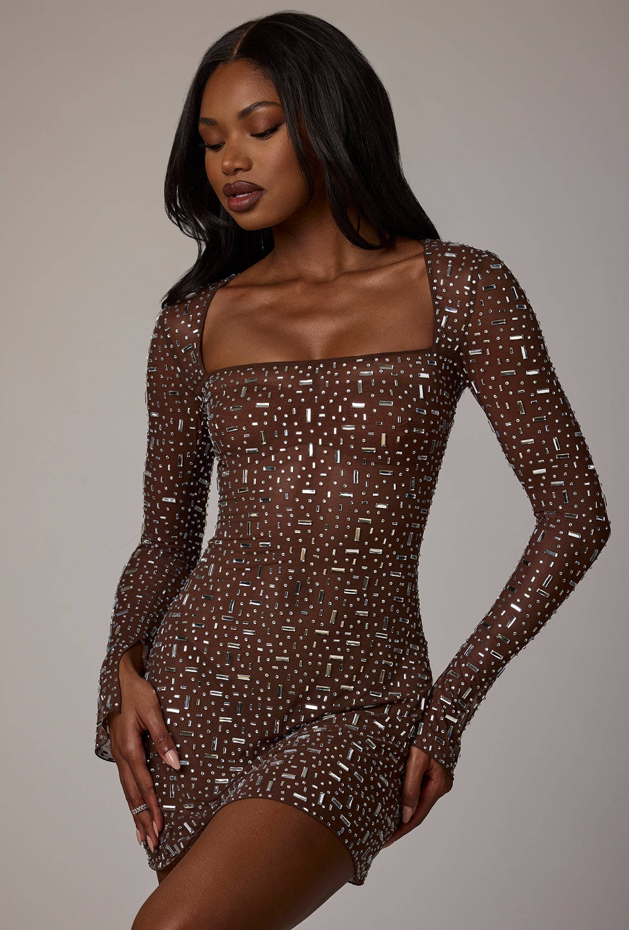 Sparking Long Sleeves Square Neck Mini Party Dress