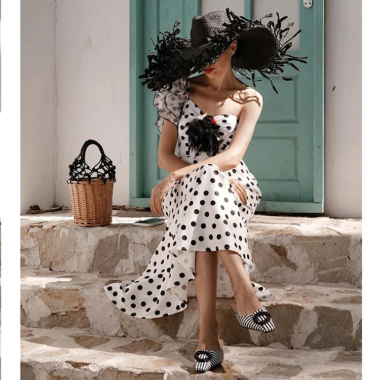 Polka Dots Ruffle Sleeves One Piece and Skirt Swimwear