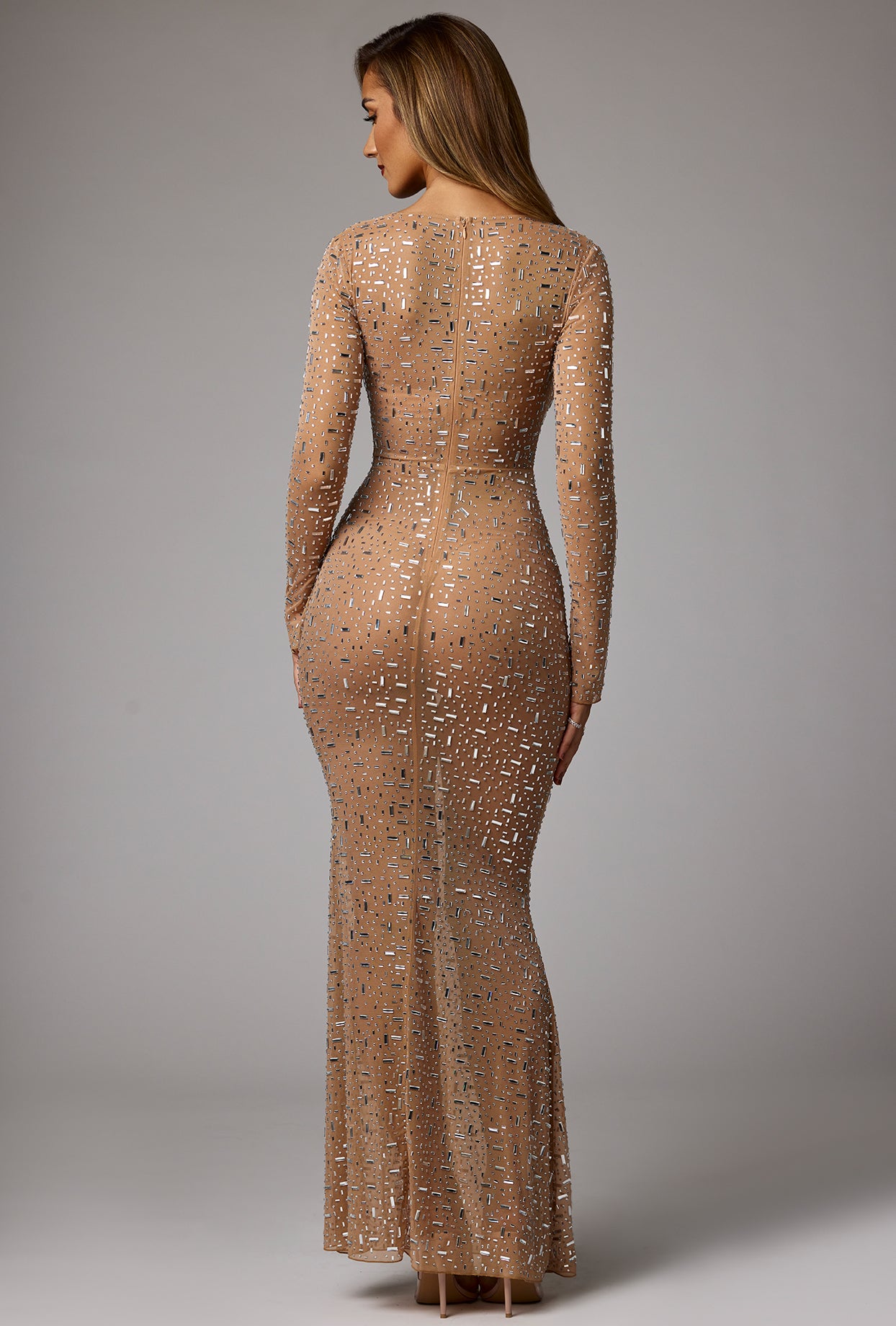 Sheer Sparkly and Sexy Embellished Long Sleeve Evening Gown
