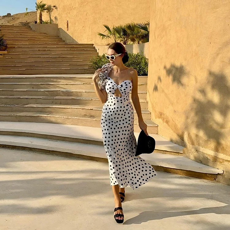 Polka Dots Ruffle Sleeves One Piece and Skirt Swimwear