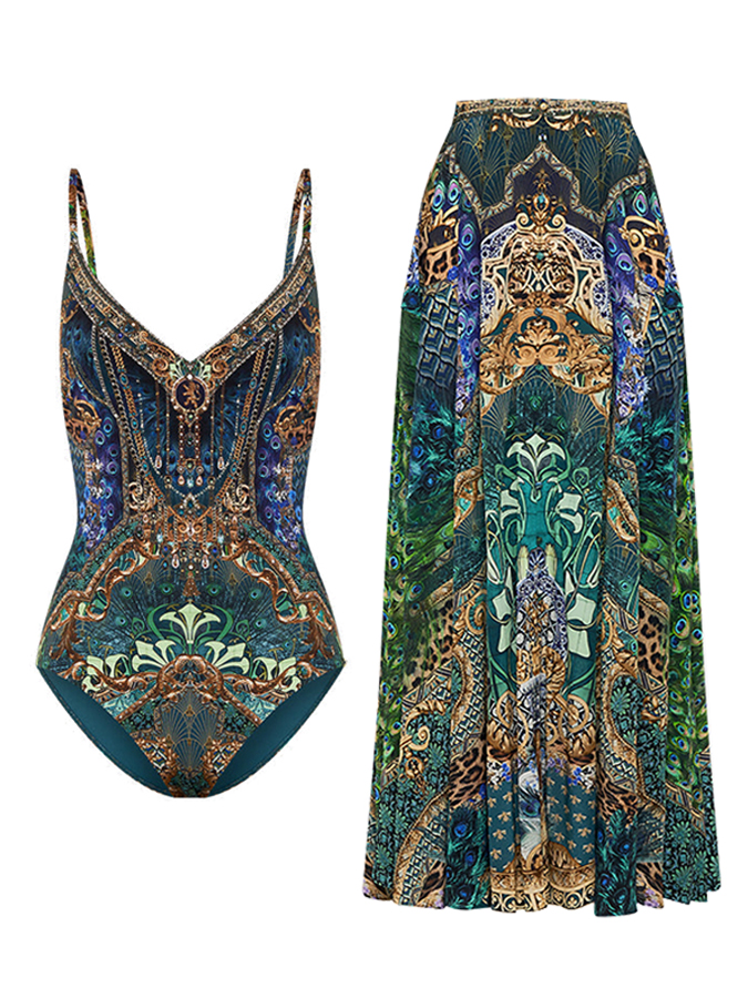 Vintage Print Swimsuit And Skirt