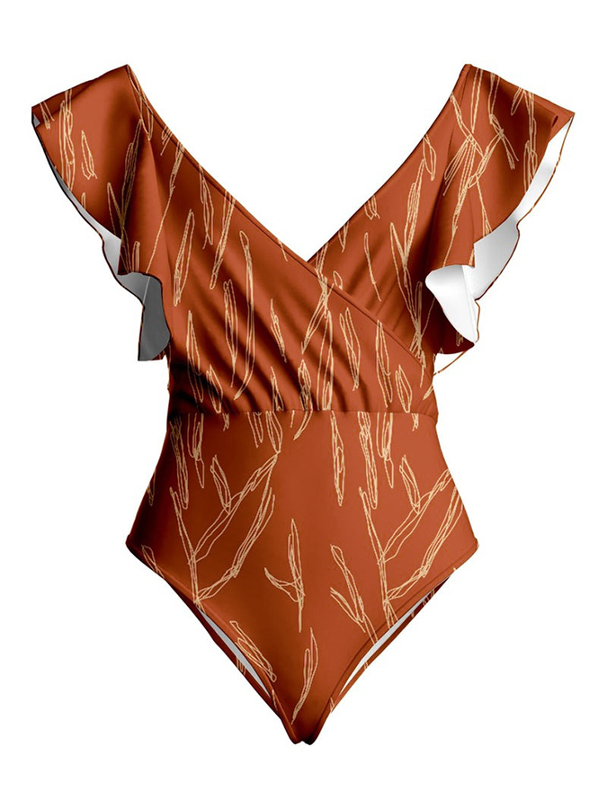 Rust Printed Bikini Set and Kimono Swimwear