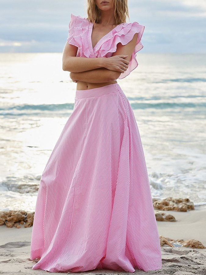 Ruffle Sleeves V Neck Pink Stripes Bikinim Set and Long Skirt