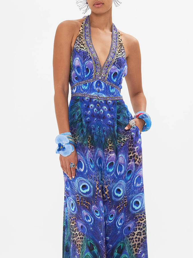 Peacock Printed Halter One Piece Swimsuit and Pants