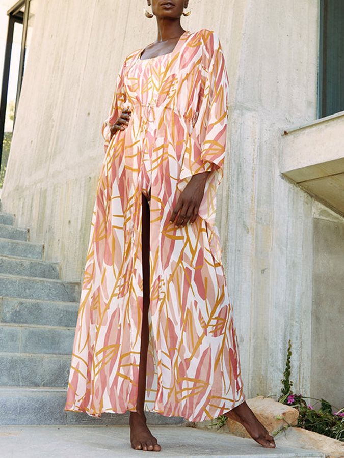 Leaves Printed One Piece and Kimono Swimwear