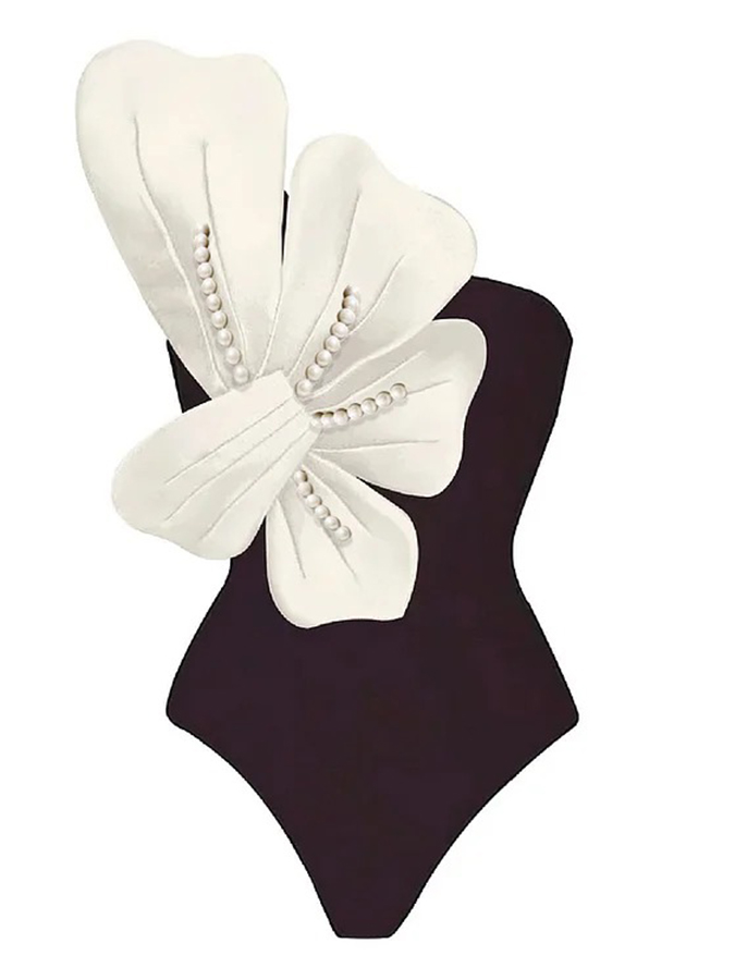 3D Pearl Flower One Shoulder One Piece Swimsuit