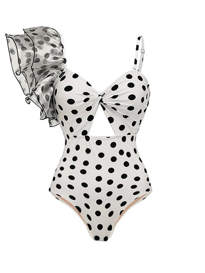 Polka Dots Ruffle Sleeves One Piece and Skirt Swimwear