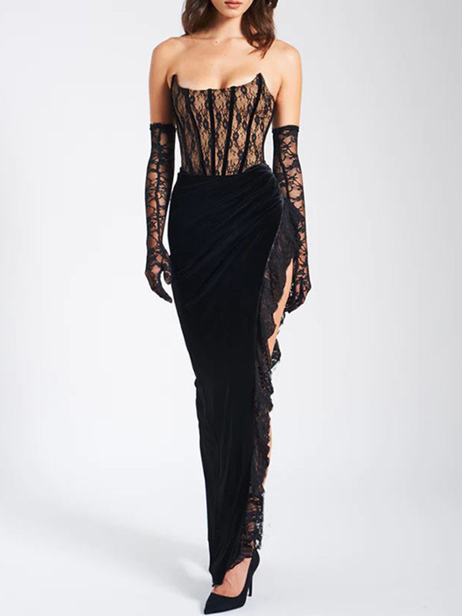 Black Lace Velvet Corset Side Slit Dress without Gloves