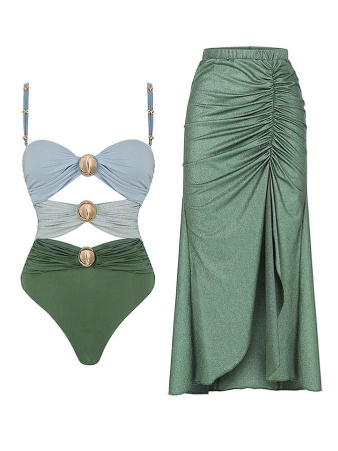 Color Block Cutout One Piece Swimsuit and Sarong