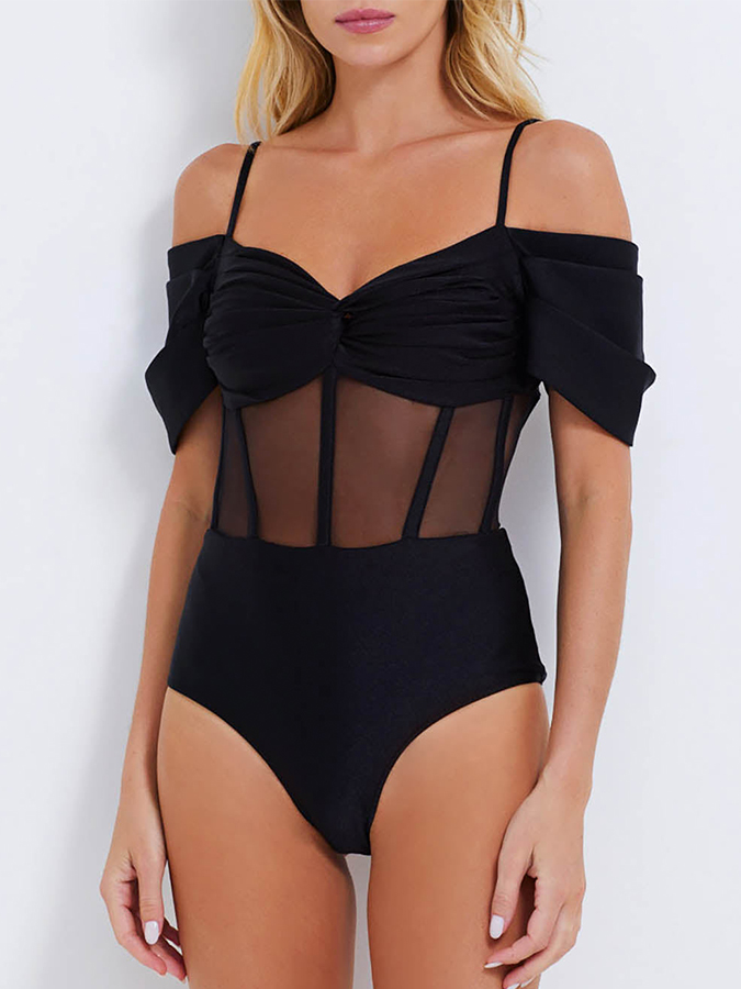 Off Shoulder Corset One Piece and Mesh Skirt Swimwear