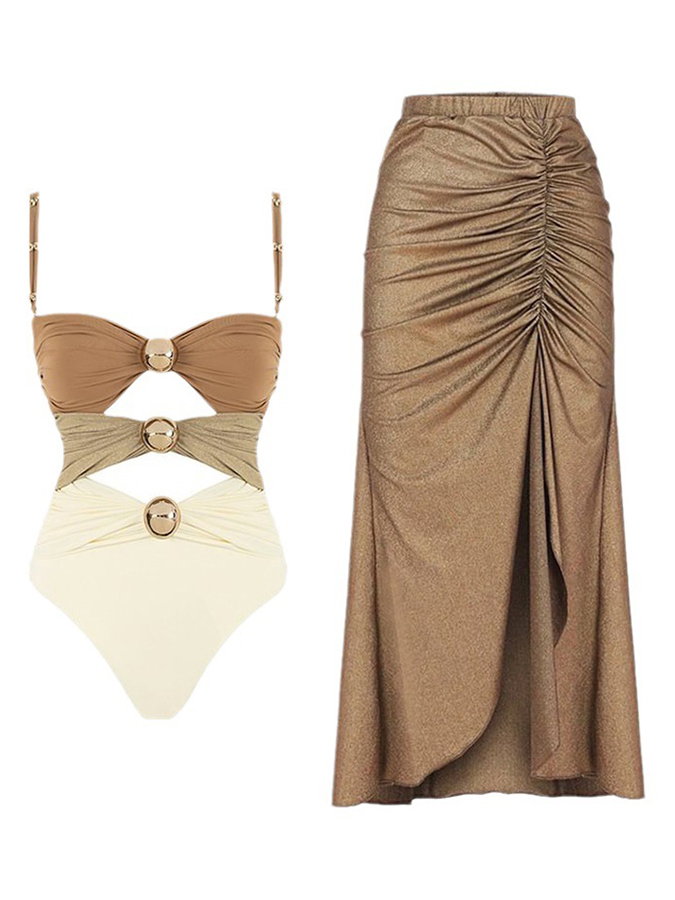 Color Block Cutout One Piece Swimsuit and Sarong