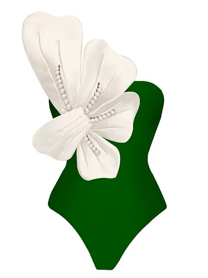 3D Pearl Flower One Shoulder One Piece Swimsuit