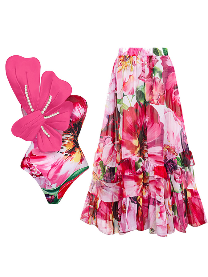 3D Pearl Flower One Shoulder One Piece Swimsuit