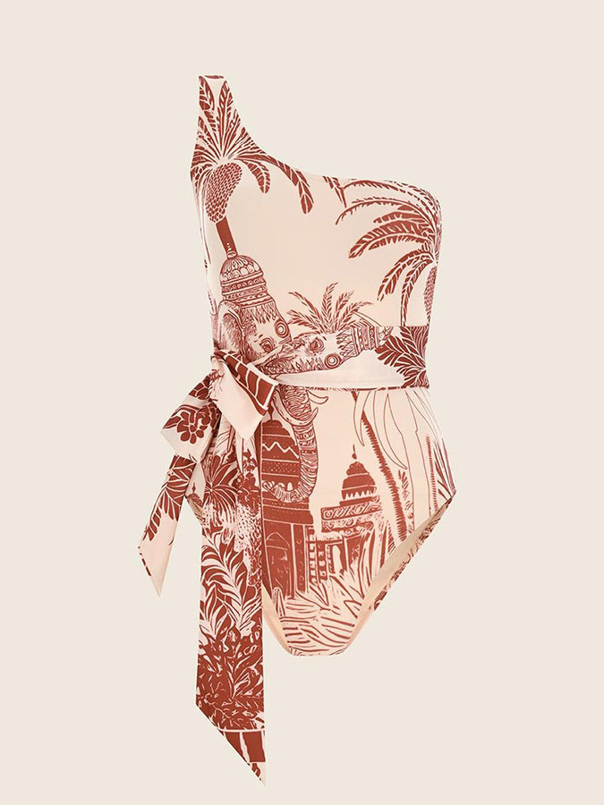 One Shoulder Red Palm Swimsuit with Belt and Sarong