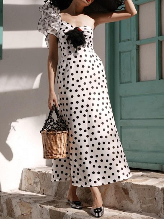 Polka Dots Ruffle Sleeves One Piece and Skirt Swimwear