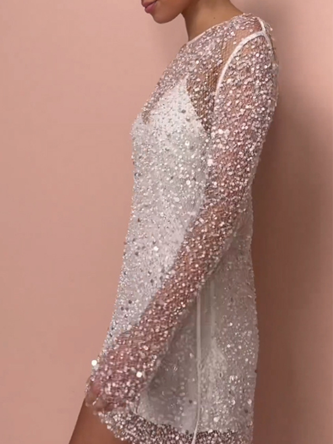 Beaded See-through Mesh Two-piece Suspender Party Dress