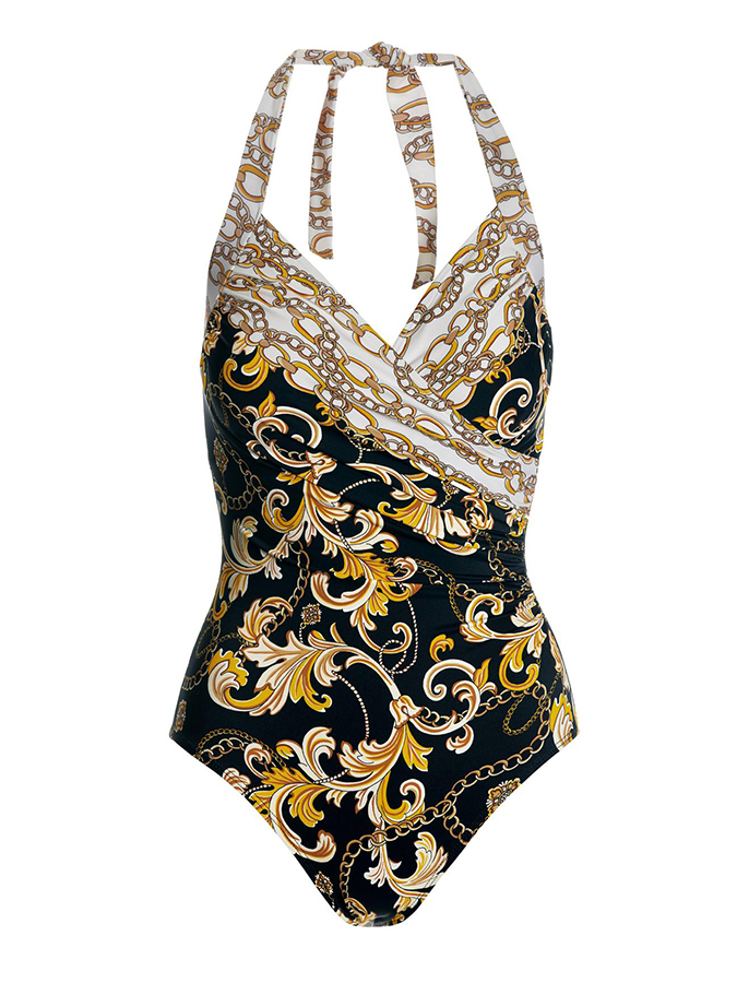 Printed One Piece Swimsuit and Sarong Swimwear
