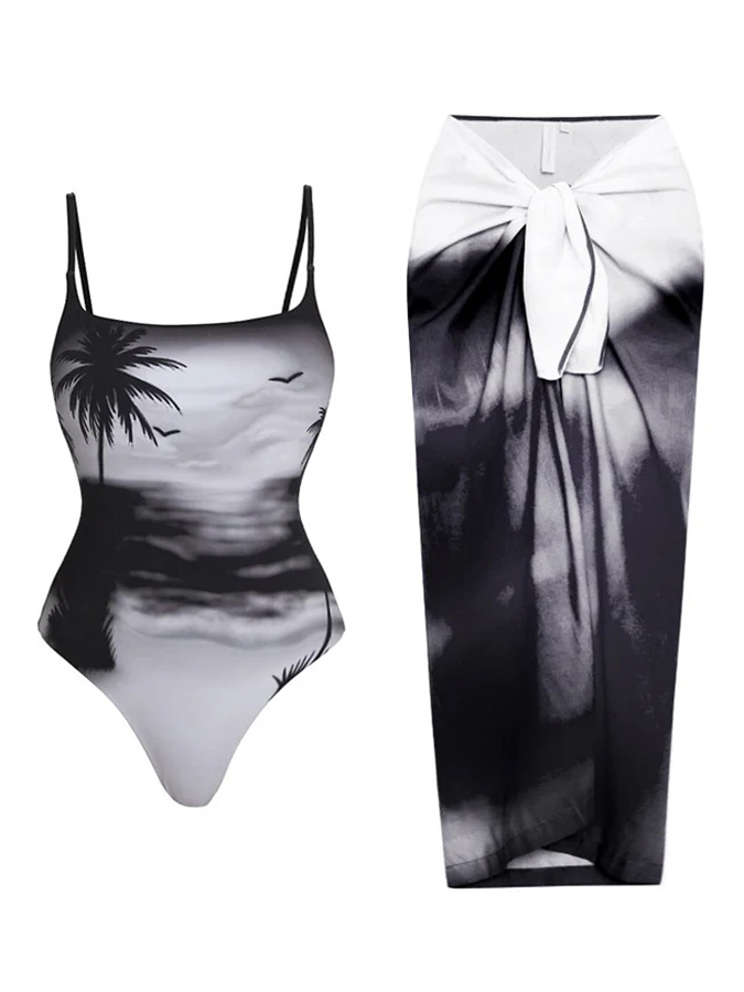 Beach Print One Piece Swimsuit And Cover Up