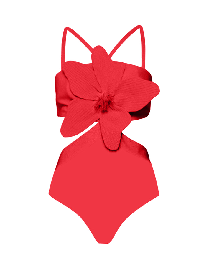 3D Three-Dimensional Flower Solid Color One-Piece Swimsuit And Skirt
