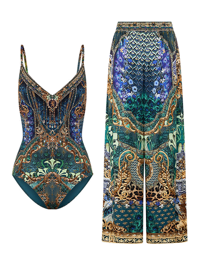 Vintage Print Swimsuit And Skirt