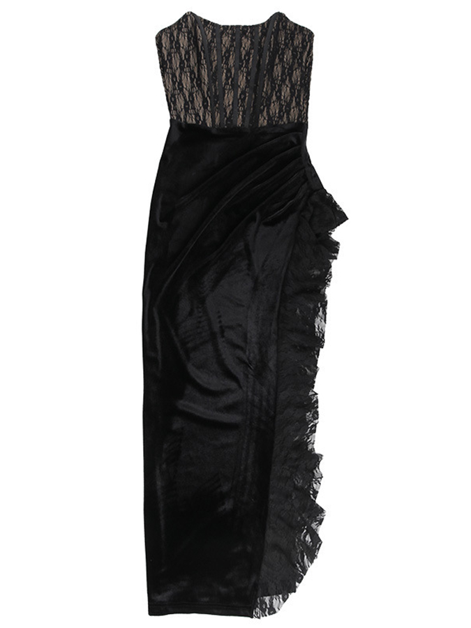 Black Lace Velvet Corset Side Slit Dress without Gloves