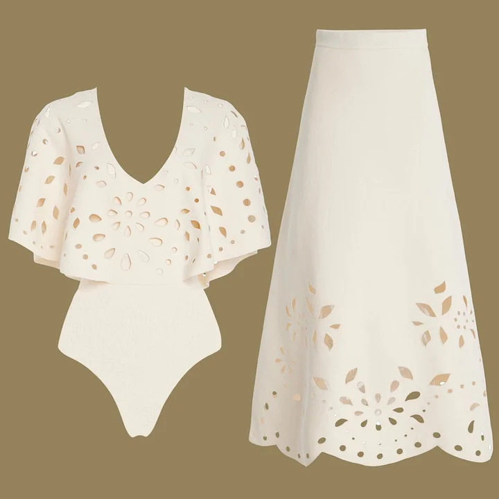 Solid Color Laser Cutout High-End Swimsuit Set