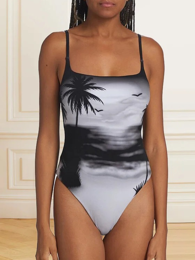 Beach Print One Piece Swimsuit And Cover Up