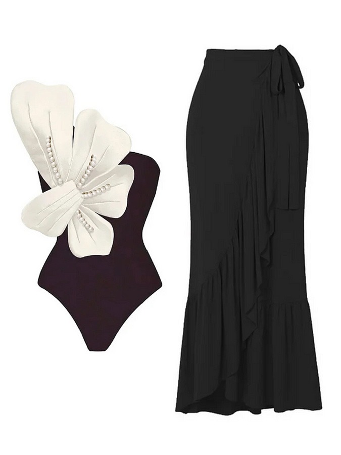 3D Pearl Flower One Shoulder One Piece Swimsuit