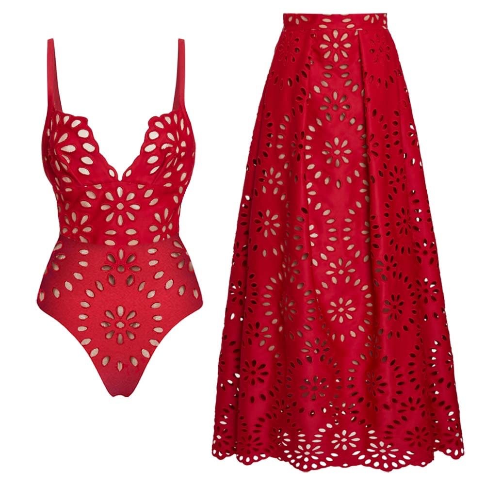 Red Flower Hollow Lace Swimsuit Skirt Resort Wear