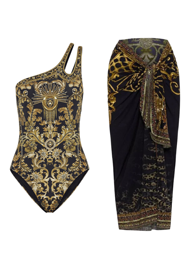 One Shoulder Printed One Piece and Sarong Swimwear