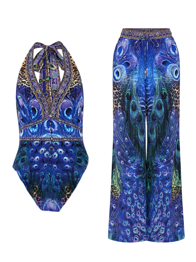 Peacock Printed Halter One Piece Swimsuit and Pants