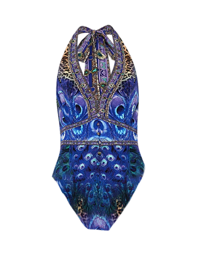 Peacock Printed Halter One Piece Swimsuit and Pants