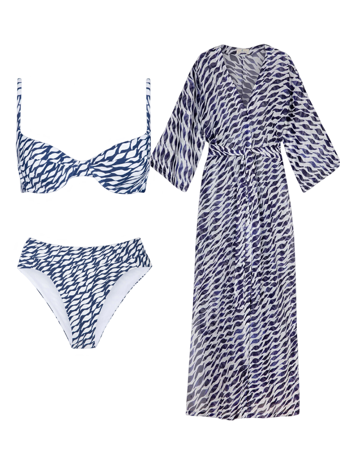 Ocean Ripple Printed Bikini and Kimono Swimwear