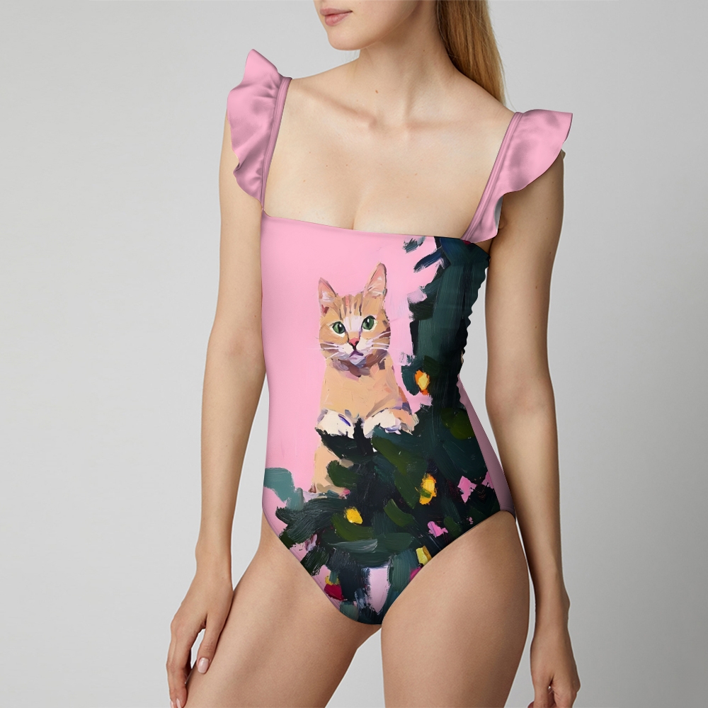Cat and Christmas tree Women's nylon polyester swimsuit