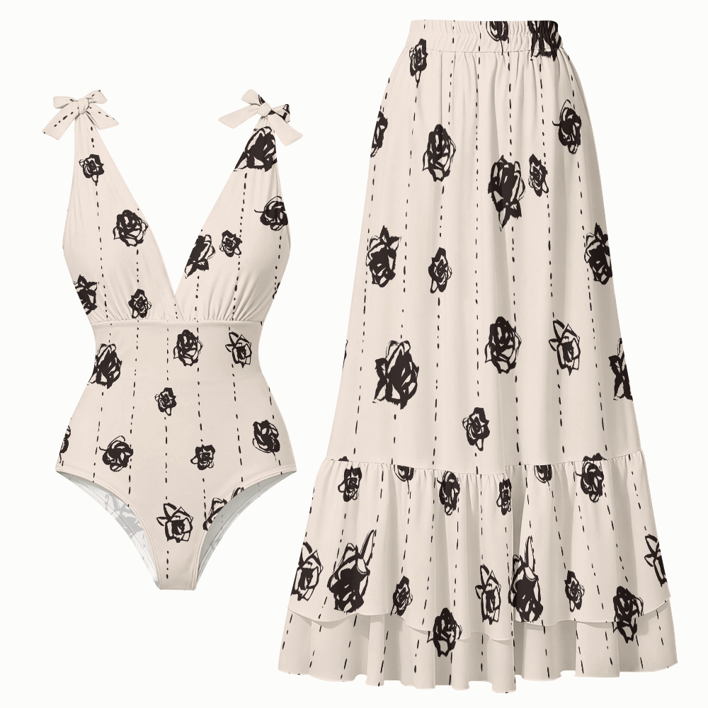 Black Rose Print Women's One-Piece Swimsuit Set