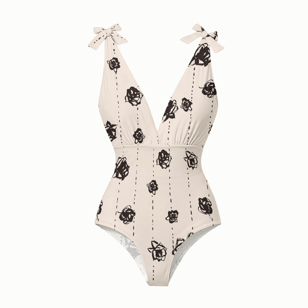 Black Rose Print Women's One-Piece Swimsuit Set