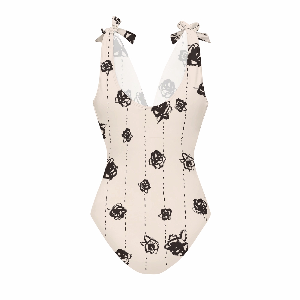 Black Rose Print Women's One-Piece Swimsuit Set