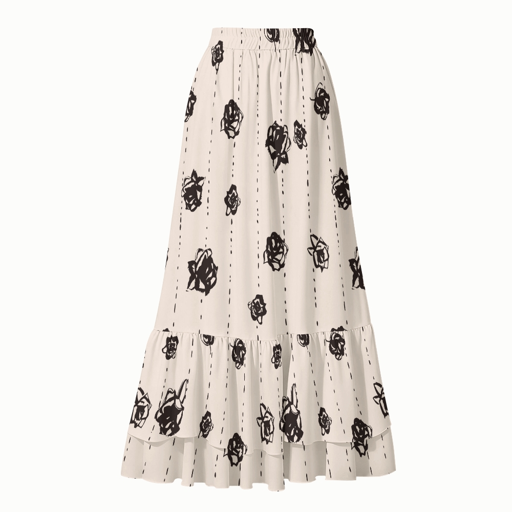 Black Rose Print Women's One-Piece Swimsuit Set