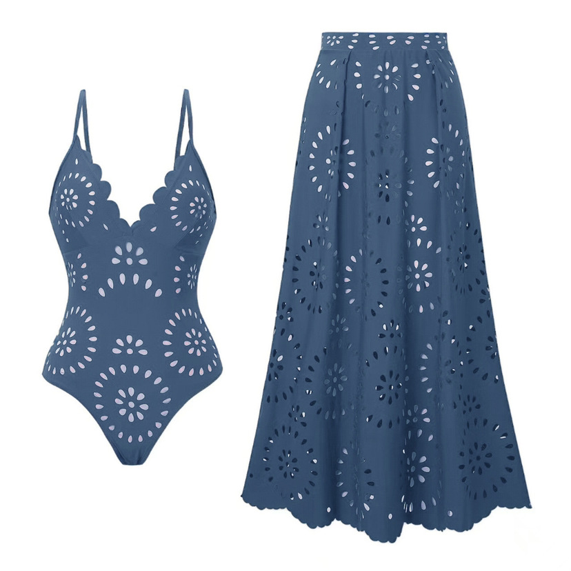 Red Flower Hollow Lace Swimsuit Skirt Resort Wear