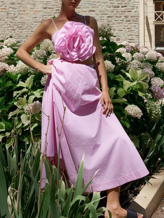 Pink Stripes 3D Flower Bikini Set and Long Skirt