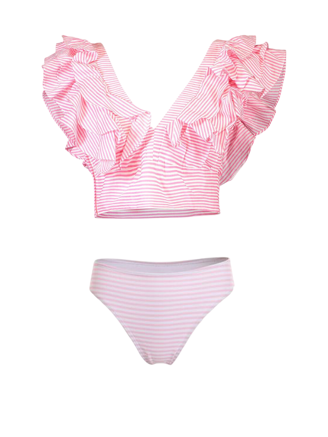 Ruffle Sleeves V Neck Pink Stripes Bikinim Set and Long Skirt