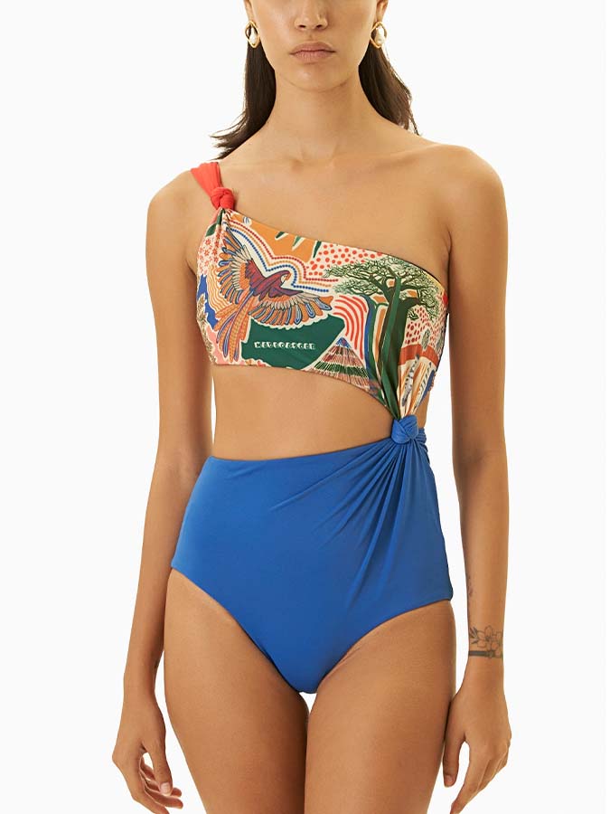 Retro Printed Beach Swimsuit and Fringed Skirt