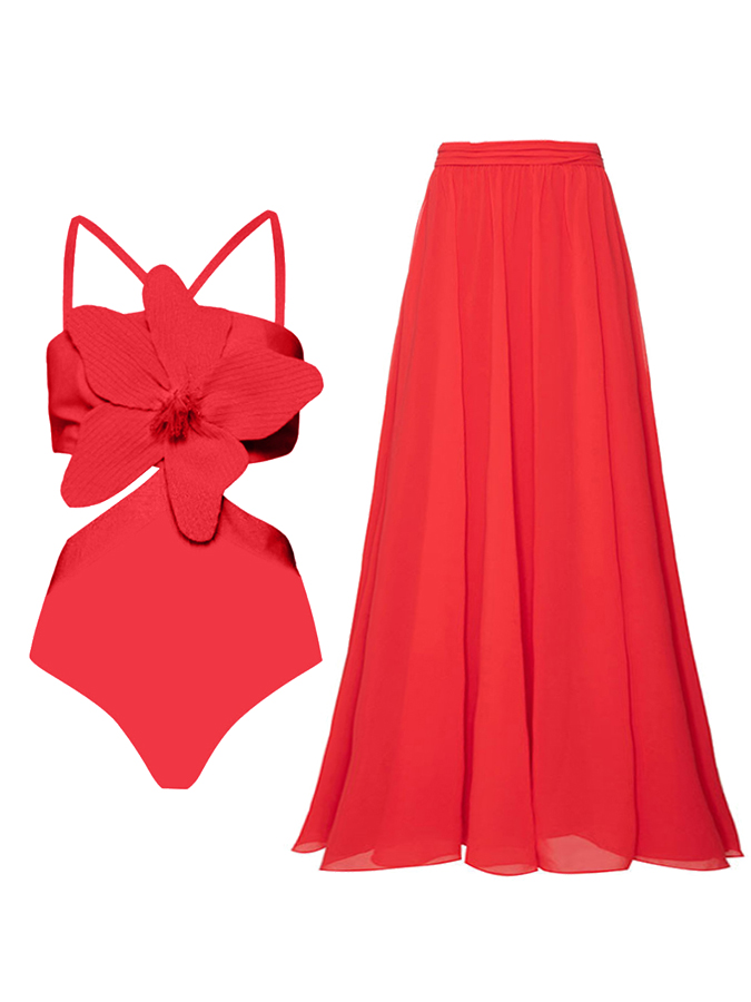 3D Three-Dimensional Flower Solid Color One-Piece Swimsuit And Skirt