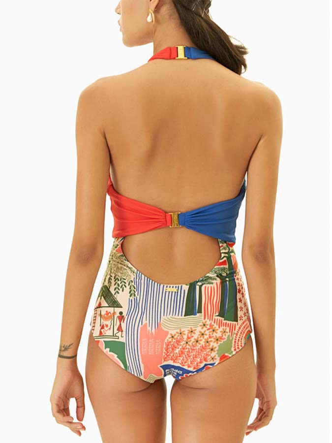 Retro Printed Beach Swimsuit and Fringed Skirt
